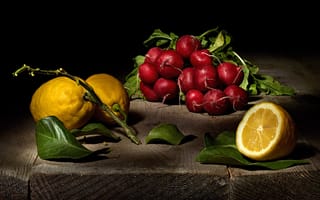 Картинка листья, лимон, композиция, натюрморт, еда, доски, предметы, черный