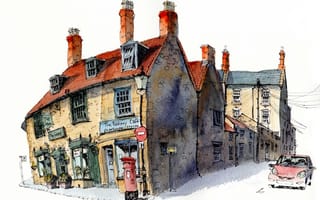 Картинка Шерборн, Англия, рисунок, город, дома, краски