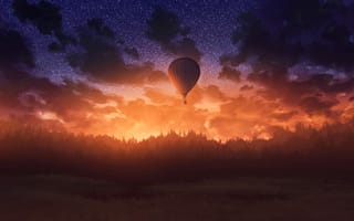 Картинка dark, twilight, art, air balloon, sunset