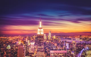Картинка Empire State Building, ночной город, небоскрёбы, Манхэттен, Manhattan, Эмпайр-стейт-билдинг, Нью-Йорк, New York City, здания, панорама