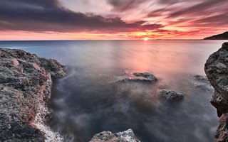 Картинка море, небо, солнце, закат, природа, облака, пейзаж, тучи