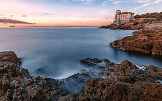 Картинка море, небо, камни, пейзаж, природа, замок, скалы, облака