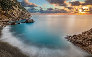 Картинка море, пляж, природа, небо, облака, закат, пейзаж, солнце