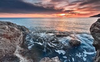 Картинка море, волны, пена, облака, небо, солнце, пейзаж, закат