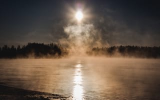 Картинка туман, солнце, лес, холод, озеро