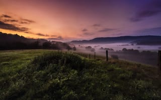 Картинка поле, ночь, закат, лето, туман