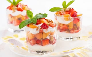 Картинка фруктовый салат, десерт, фрукты, мята, ягоды