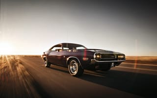 Картинка Dodge, небо, фары, дорога, Challenger, колеса, скорость