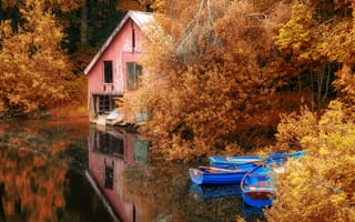 Картинка autumn, nature, leaves, озеро, landscape, осень, лодки