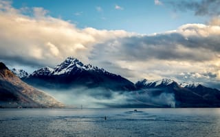 Картинка Новая Зеландия, горы, Queenstown, облака, побережье, море