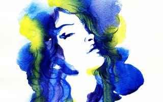 Картинка от lolita777, акварель, желтое, живопись, глаза, картина, образ, девушка, губы, портрет, синее