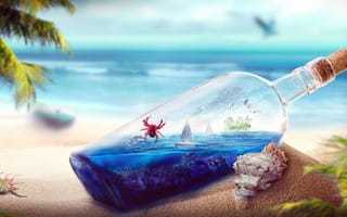 Картинка Пляж, краб, океан, лодка, остров, бутылка