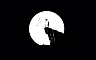 Картинка moon, cliff, Penguin, artwork, simple, black, shilouette, digital art, minimalism