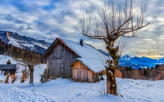 Картинка снег, горы, Савойя, Франция, домик