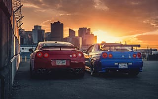 Картинка Nissan, R35, Cars, Blue, GTR, Sunset, Japan, Legend, Red, R34, Skyline, Rear