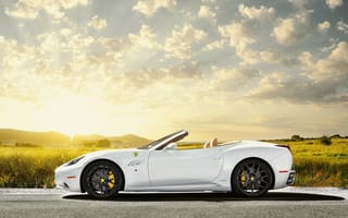 Картинка феррари, profile, Ferrari, белая, блик, солнце, небо, поле, white, California