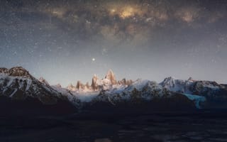 Картинка небо, горы, sky, Patagonia, звезды, Патагония, stars, Milky Way, Млечный Путь, mountains, Zhu Xiao