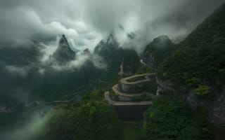 Картинка дорога, clouds, road, China, горы, mountains, Китай, Zhu Xiao, небо, облака, sky