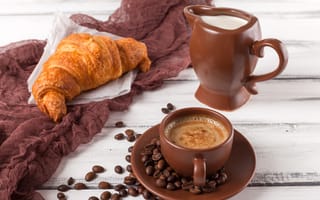Картинка стол, кофе, чашка, молоко, Roman Osadchiy, круассан, завтрак