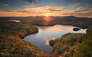 Картинка Nichols Pond, пруд, Woodbury, лес, панорама, Вермонт, озеро, Vermont, закат, Вудбери, осень