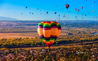 Картинка Albuquerque International Balloon Fiesta, воздушный шар, деревья, Нью-Мексико, панорама, США, река