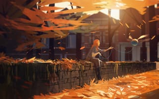 Картинка осень, парк, листья, деревья, девушка, улица