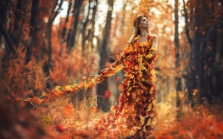Картинка Autumn spell, леди осень, девушка осень, арт, листья