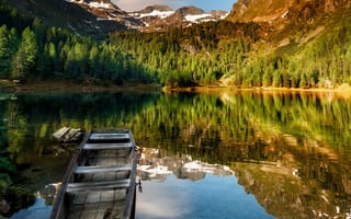 Картинка пейзаж, природа, озеро, Tamas Hauk, лодка, Альпы, отражение, леса, берега, горы, Австрия