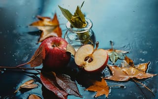 Картинка яблоки, капли, осень, листья