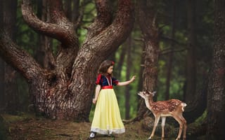 Картинка лес, наряд, деревья, ребёнок, животное, природа, Валерия Касперова, платье, девочка, оленёнок