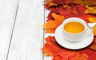 Картинка осень, tea, colorful, доски, maple, клен, wood, листья, autumn, cup, чашка чая, leaves