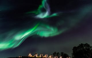 Картинка Норвегия, северное сияние, ночь, звезды, дома