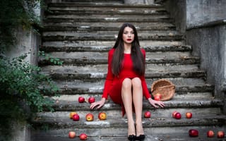 Обои Inese Stoner, в красном, макияж, корзина, лестница, девушка, яблоки