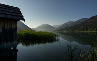 Картинка горы, озеро, утро, рыбак