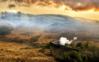 Картинка sky, landscape, train, beautiful landscape, smoke, mountains, clouds