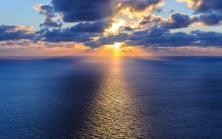 Картинка Океан, солнце, облака, горизонт, вода, небо