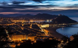 Картинка ночь, Испания, панорама, огни, залив, бухта, Сан-Себастьян