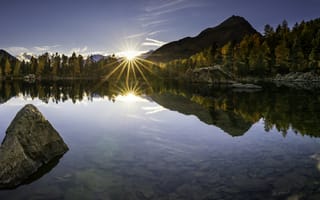 Картинка Lago di Saoseo, камни, Val di Campo, закат, Poschiavo, Поскьяво, отражение, озеро, Валь-ди-Кампо, Switzerland, горы, Шаейцария, дно, осень