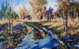 Обои живопись, Ходюков, картина, небо, зима, пейзаж, лес, природа, лужи, снег, деревья, осень