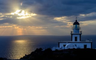 Картинка море, закат, маяк, Greece, Акротири, Эгейское море, Akrotiri Lighthouse, Akrotiri, Santorini, Маяк Акротири, Санторини, Греция, Aegean Sea