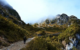 Картинка landscape, mountain, fog, snow, hills, hiking