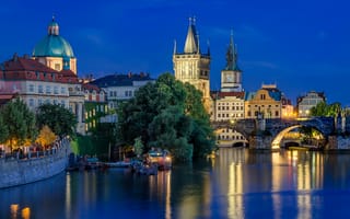 Картинка огни, Прага, река, вечер, Чехия, Karlsbrucke