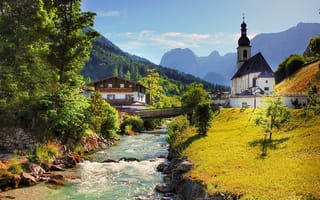 Картинка пейзаж, река, Берхтесгаден, Бавария, дома, Альпы, Германия, мост, горы, леса, община