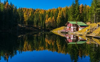 Картинка осень, лес, дом, природа, пейзаж, берега, озеро, отражение