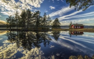 Картинка Ringerike, отражение, дом, Норвегия, озеро, Norway, Рингерике, облака, деревья