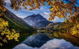 Картинка осень, Альпы, Alps, Австрия, Upper Austria, ветки, горы, отражение, Langbathseen, озеро, Озеро Лангбатзеен, Верхняя Австрия, Austria