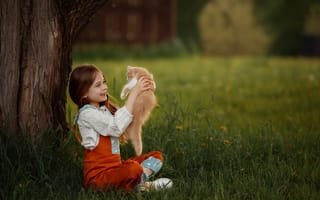 Картинка трава, Юлия Соболева, рыжий, друзья, котёнок, радость, лужайка, дерево, настроение, девочка, улыбка