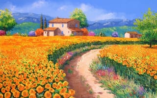 Обои цветы, арт, поле, картина, пейзаж, горы, холмы, подсолнухи, Jean-Marc Janiaczyk, дорога, домики, деревья