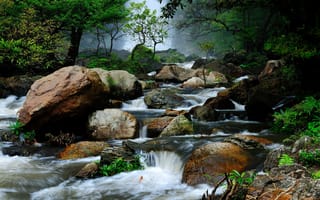 Картинка лес, камни, Таиланд, природа, пейзаж, деревья, река, течение