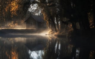 Картинка утро, дом, осень, туман, пруд